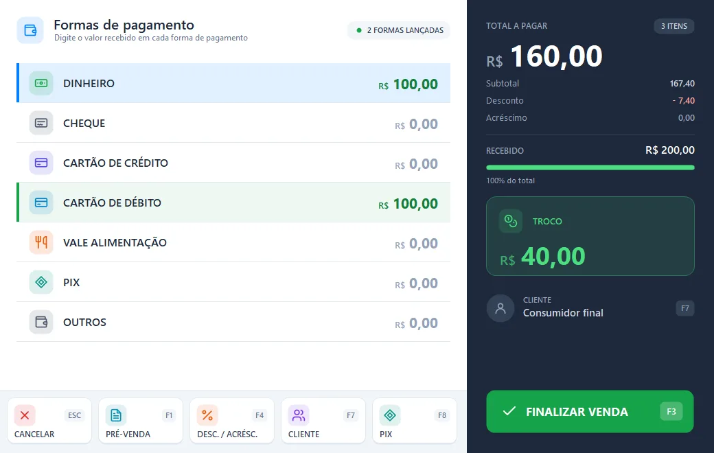 Formas de pagamento do PDV Desktop com troco de R$ 40,00