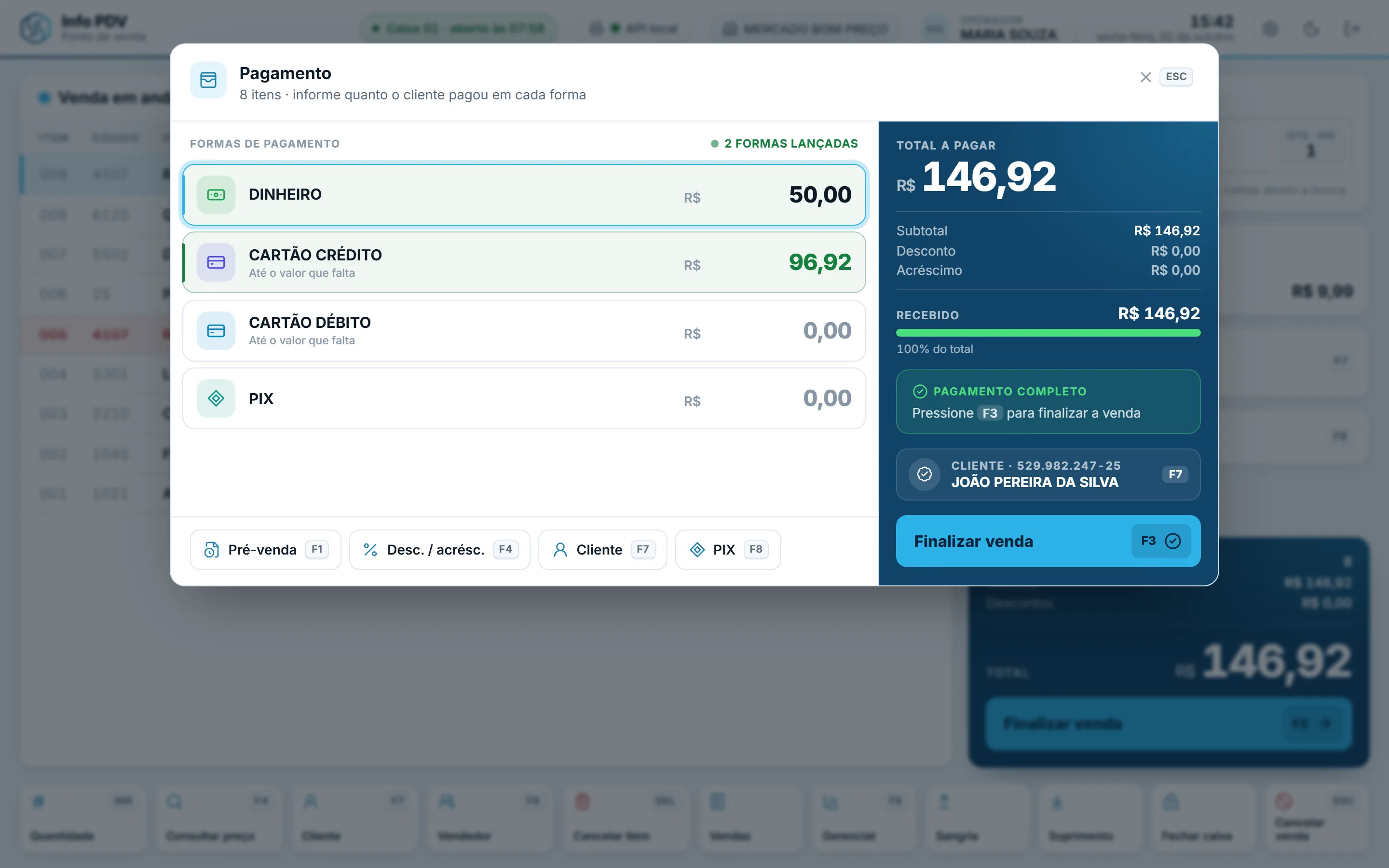 Info PDV Web: tela Pagamento. Várias formas na mesma venda, troco calculado e cartão limitado ao que falta.