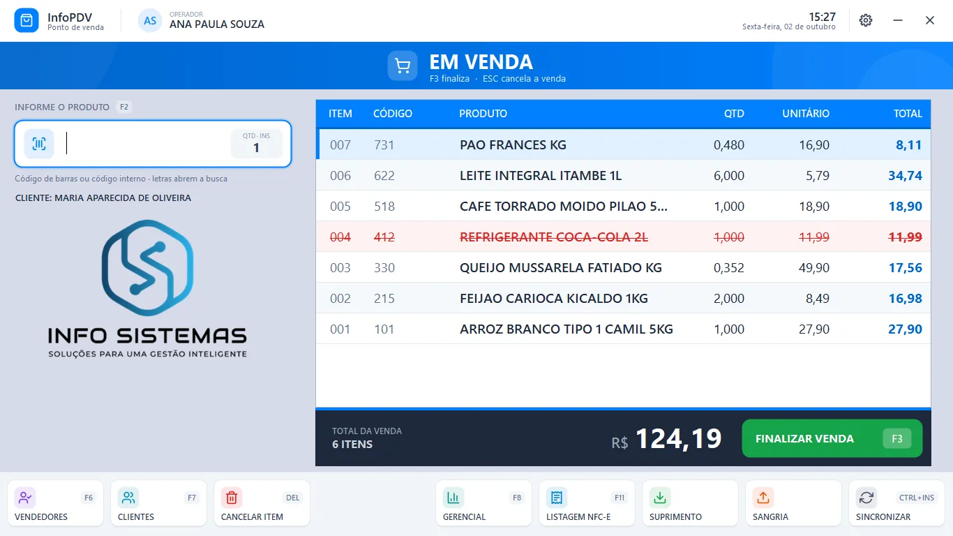 Tela de venda do Info PDV Desktop com o total de R$ 124,19